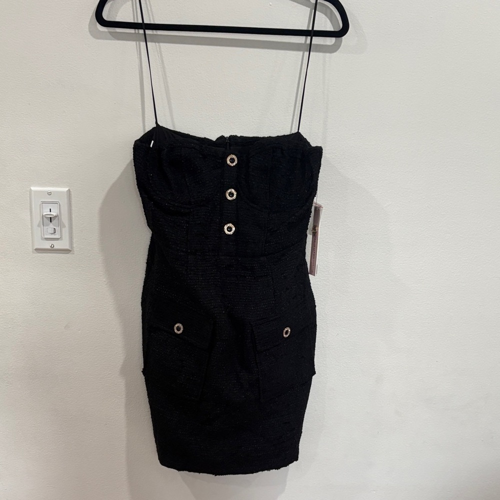 Aqua Black Strapless Buttoned Dress
